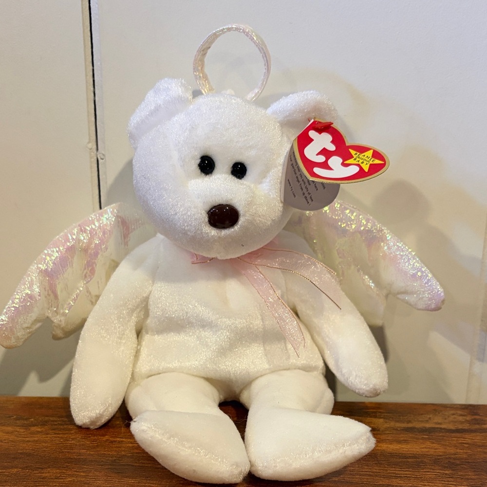 Ty Beanie Baby Halo White Angel Bear Plush with Pink Ribbon
